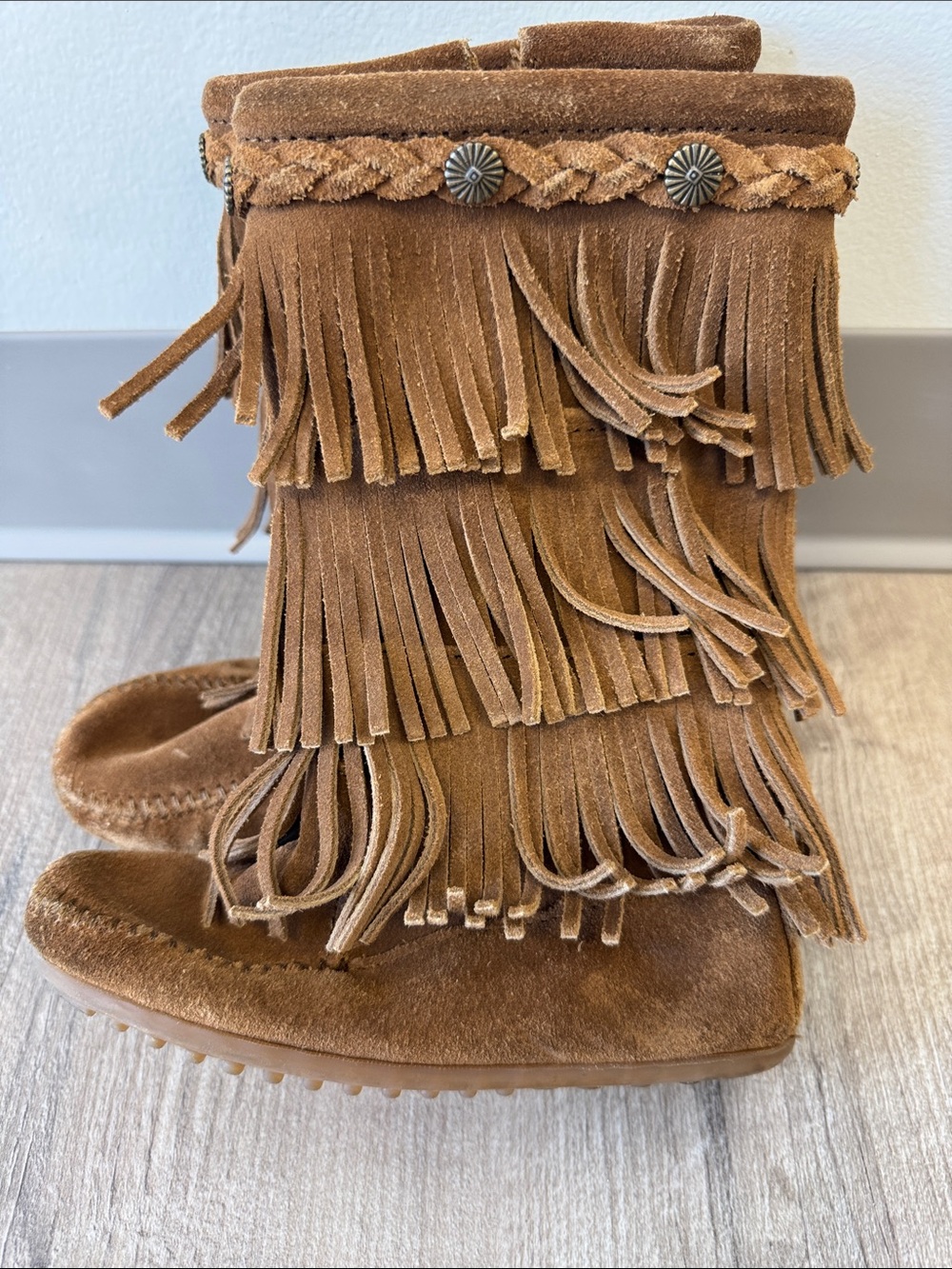 Minnetonka Brown Suede Triple Fringe Moccasin Boots with Braided Trim
